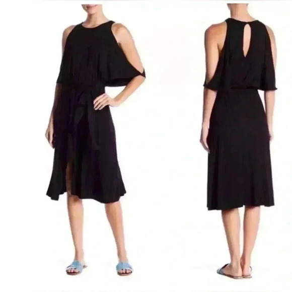 Splendid Black Cold Shoulder Midi Dress L | Wrap Waist Tie, Flowy Slits - Picture 3 of 11